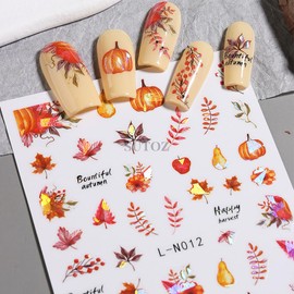 12 Sheets Fall Nail Art Stickers, Fall Nail Decals Maple Leaves Pumpkin Design Sticker Nail Art Decoration Accessories