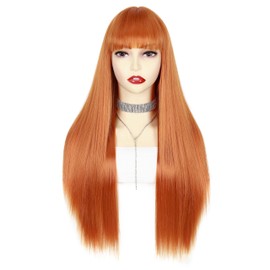 Lady Hanne Long Straight Wig With Bangs Orange Silky Straight Hair Wigs for Women 26 Inch Synthetic Heat Resistant Fiber Wig for Cosplay Daily Party Use