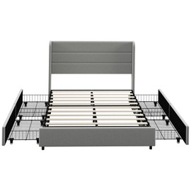 HOMCOM Full Size Bed Frame with Headboard, Upholstered Platform Bed Frame with Storage Drawers, Wood Slats, Noise-Free, and Easy Assembly, No Box Spring Needed, Light Gray
