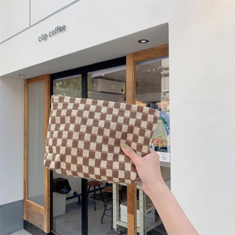 PAZIMIIK Knitted Checkered Makeup Bag Large Zipper Make Up Accessory