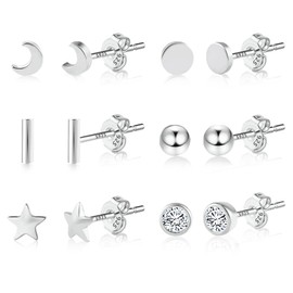 ASH'S CHOICE Women's 925 Silver Earrings, 6 Pairs of 925 Silver Stud Earrings, Small Earrings Set, Multipack Glitz Stud Earrings with Rhinestones, Zirconia, Leaf, Star, Moon, Leaf, Ball Stud Earrings,