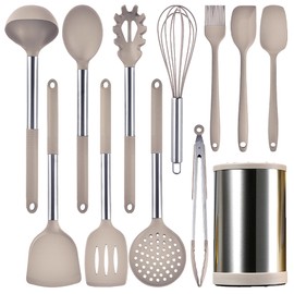 Keidason Kitchen Cooking Utensils Set,12-piece Kitchen Utensils Set Non-stick Cooking Set Heat-resistant,BPA-Free,Silicone Handle Kitchen Tools,Turner Spoon Tongs Whisk Brush(Khaki)