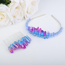 Teyglen Raw Crystal Quartz Headband and Hair Comb Mermaid Rhinestone Hair Band Handmade Natural Stone Headpiece Hair Accessories for Women Girl Wedding Party (Purple and blue)