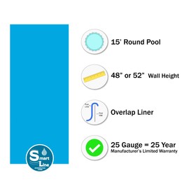 Smartline Solid Blue 15-Foot Round Liner | Overlap Style | 48-to-52-Inch Wall Height | 25 Gauge Virgin Vinyl | Designed for Steel Sided Above-Ground Swimming Pools | Universal Gasket Kit Included