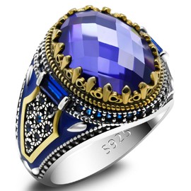 OHMMHO Anillo de joyería turca para hombre con piedra de vidrio azul de ley 925 clásico con corona de rey y circonita cúbica, regalo para mujer y hombre, Metal precioso., Ágata