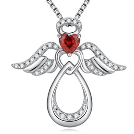 Guardian Angel Necklace Pendant Angel Necklace Sterling Silver Angel Necklace for Women Little Angel Wing Necklace Pendant Women Angel Jewelry Garnet Red Birthstone Necklace January Birthday Gift