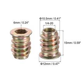 sourcing map 1/4-20 x 15mm Threaded Inserts for Wood, 50pcs Threaded Inserts Nuts, Wood Insert Nuts with Hex Wrench and Drill Bit, Silver Tone