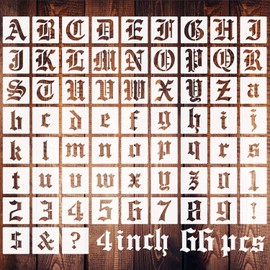4 Inch Calligraphy Letter Stencils for Painting, 66 PCS Old English Lettering Stencils Reusable Alphabet Stencil Plastic Letters Numbers Templates for Painting on Wood Wall Fabric Art Crafts