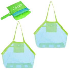 Kettion Pack of 2 Beach Bag Beach Toy Bag XXL Large for Sand Toys Water Toy for Children Tidy Bag Play Bag Bath Bag Beach Bag Foldable for Family Holiday (Blue Mesh/Green Strap)