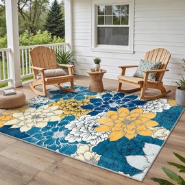 GENIMO Indoor Outdoor Area Rug 5' X 7' Waterproof, Washable Patio Rug Non Shedding, Easy Cleaning Floral Outdoor Carpet for Living Room, Bedroom, Dining Room, Balcony, Backyard, Deck, RV, Blue