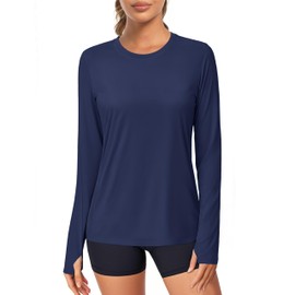 MAGCOMSEN Women's Rash Guard Shirts Sun Shirts UV Protection Long Sleeve Dry Fit Navy Athletic Running Performance Tee M