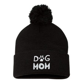 Go All Out One Size Black Pom Dog Mom Embroidered Knit Beanie Pom Cap