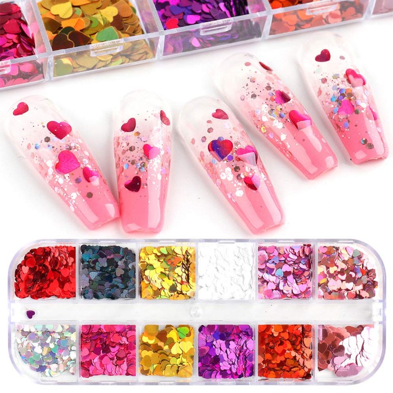 Macute ハート ネイルグリッター スパンコール 24色セット ホログラフィックハート ネイルコンフェッティ 3Dレーザーハートシェイプネイルデカール フレーク 超薄型ネイルアクセサリー