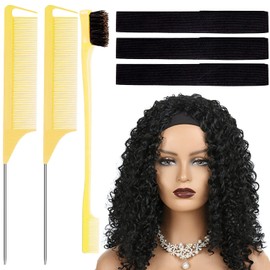Hair Comb and Elastic Band for Wig Edge, Adjustable Lace Melting Band Wrap to Lay Edges and 2 Rat Tail Comb Stying Combs Braiding Combs for Parting 1 Dual Edge Brush with 4 Hair Clip (Yellow)