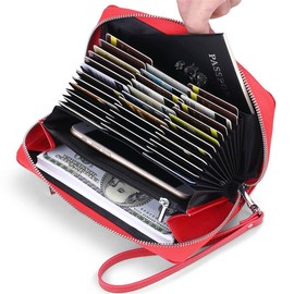 JEEBURYEE Women's Genuine Leather Credit Card Holder Wallet RFID Blocking Large Capacity Long Zip Around Clutch Purse with Wrist Strap Red