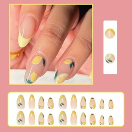 Pack of 24 Almond False Nails Medium, Nude Yellow French Artificial Nails for Sticking Acrylic Full Cover Artificial Fingernails with Lemon Pattern, Almond Press on Nails for Women and Girls