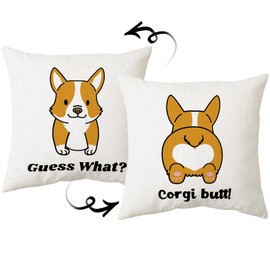 JIMOWANG Corgi Dog Themed Pillowcase Decorations for Home, Funny Dog Corgi Guess What Throw Pillow Cover, 18 x 18 inches, Double Sided Reversible
