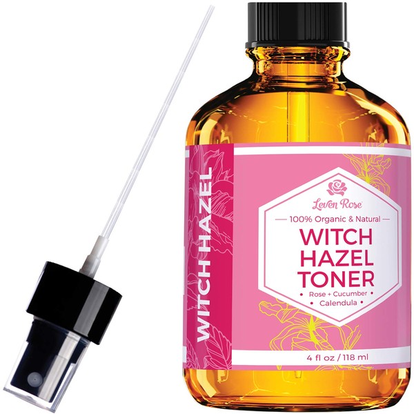 Witch Hazel Toner by Leven Rose, 100% Pure Organic Facial Rose Water with Rose Petals, Calendula, Cucumber, and Chamomile Flower 4 oz