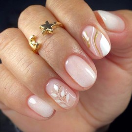 MERVF Square Press on Nails Short Fake Nails French Tip Squoval Glue on Nails with Leaf Design Acrylic Nails Press ons 24pcs Glossy White Gold False Nails Thanksgiving Day