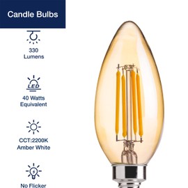 FLSNT 40W Equivalent LED Chandelier Light Bulbs, Dimmable Amber LED B11 E12 Candelabra Base Bulbs, 2200K Warm White, 330LM, 6 Pack