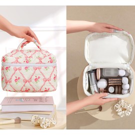 Makeup Bag Travel Large Quilted Toiletry Bag 3 Pack Portable Floral Cosmetic Organizer Pouch with Small Brush Zipper Storage Case Waterproof for Women,Pink Butterflies