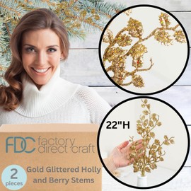Factory Direct Craft Gold Glittered Holly and Berry Sprays Set of 2 for Christmas Arrangements and Holiday Decorating - 22 Inches High