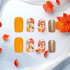 24Pcs Sparkly Leaf Press on Nails Glossy Gold Glitter Acrylic Fake Nail Fall Leaves Stick on Fingernails Thanksgiving Medium Square False Nails Autumn Flower Gel Glue on Nail for Coquette Women Girls
