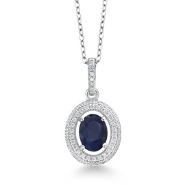 Gem Stone King - Collar con colgante de plata de ley 925 ovalado de zafiro azul y moissanita blanca para mujer (2.12 quilates, piedra natal de piedras preciosas, con cadena de plata de 18 pulgadas), Metal Gema, Zafiro Moissanita