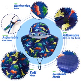 WAWSAM Boys Dinosaur Sun Hat Adjustable Kids Sun Protection Hat Breathable Toddler Bucket Cap Wide Brim Boys Neck Protection Beach Hat for Ages 4-12D Dark Blue