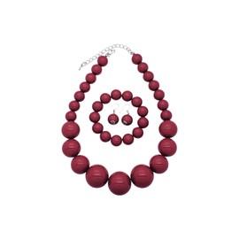 BA UNIQUE FASHION Women's Chunky Large Simulated Pearl Statement Necklace, Bracelet, Earring Set (Sangria Burgundy)