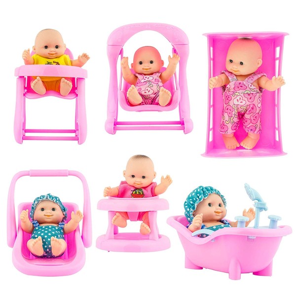 PowerTRC 6 Set of Mini Baby Dolls Collection with High Chair, Cradle, Walker, Swing, Bathtub and Baby Seat for Girls