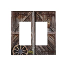 Vintage Rustic Farmhouse Brown Wood Barn Door Double Rocker/Decora Outlet Covers Plate 2 Gang Light Switch Cover Decorative Gfci Wall Plate Electrical Switchplate Faceplate for Country Bathroom Decor