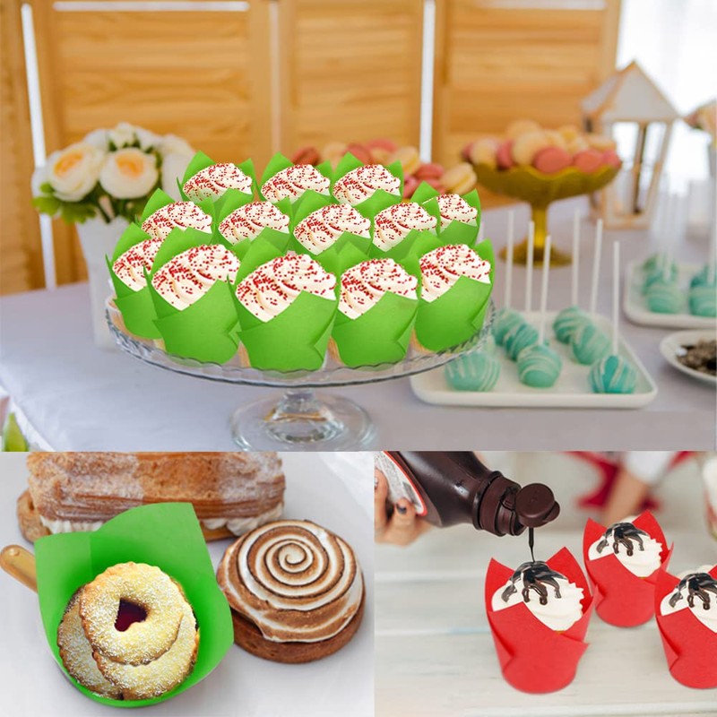 Xindtek Tulip Cupcake Liners 100-Count Baking Cups, Paper, Disposable, Green,
