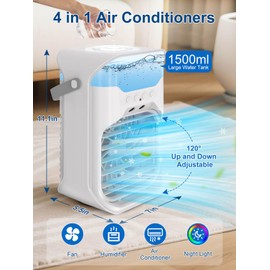 Portable Air Conditioner, 1500ML, Removable & Washable Fan Blades, Timer Function, 4 Speeds, 2 Cool Mists, 7-Color Light, Personal Evaporative Air Cooler for Home, Office, Bedroom, and Camping-White