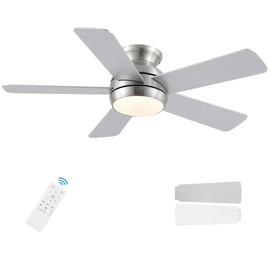 POCHFAN 42 Inch Brushed Nickel Ceiling Fans with Lights and Remote, LED Low Profile Flush Mount Ceiling Fan for Bedroom, Living Room, Patio, Quiet DC Motor, 5 Blades