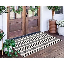 Black and White Striped Rug 24'' x 51''Outdoor Front Porch Rug Hand-Woven Machine Washable Indoor/Outdoor Layered Door Mats for Entryway/Bedroom/Outdoor