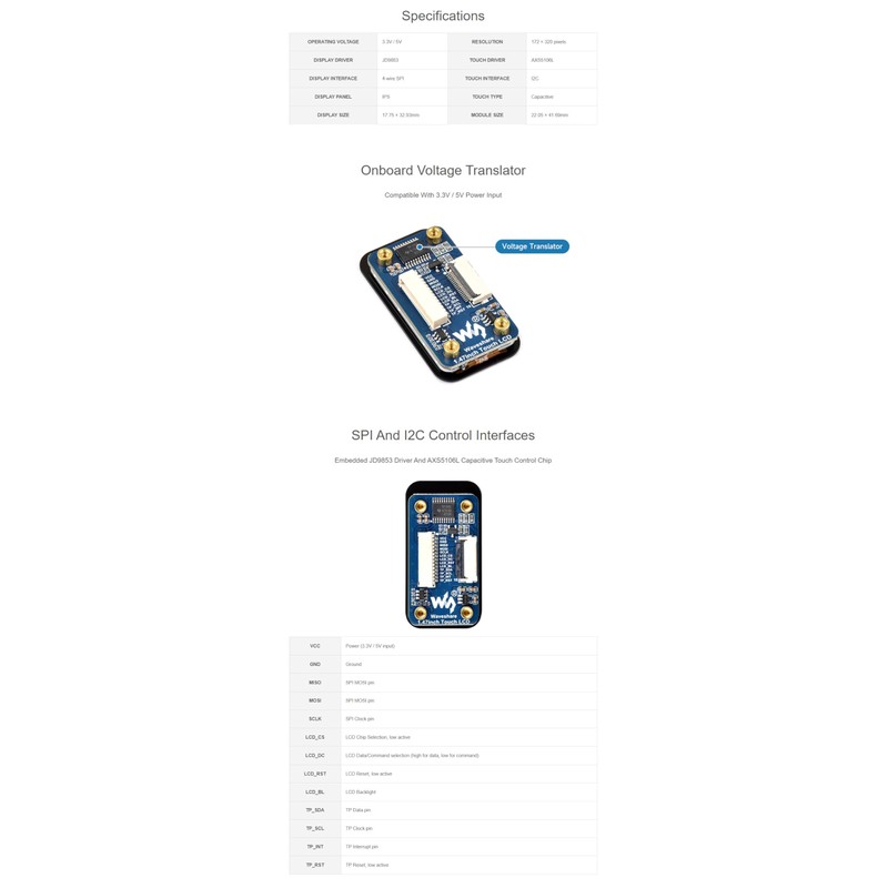 1.47 inch Touch LCD Display Module, 172 x 320 IPS