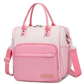 Large Lunch Box for Women, Adult Insulated Lunch Bag for Teacher, Ladies Lunch Tote Bag Loncheras para Mujer, Beige and Pink