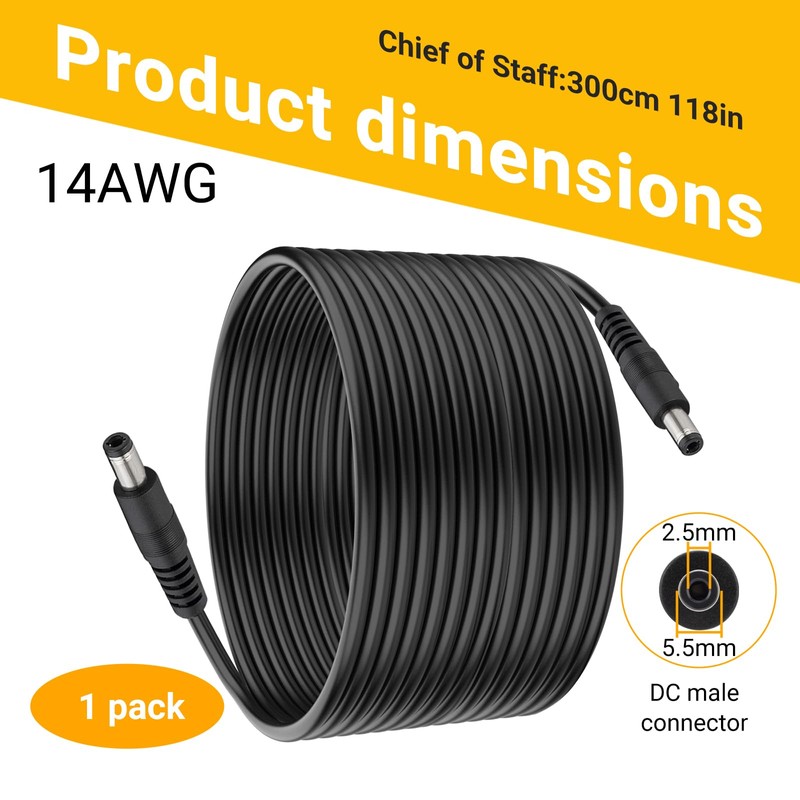 CENSHI 10FT 14AWG DC Power Extension Cable 5.5x2.5mm Male to