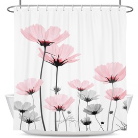 Coxila Pink Floral Shower Curtain Spring Flower Girly White Black Gray Grey Cute Rustic Country Daisy Vintage Botanical Pastel Preppy Wildflower Bathroom 60 x 72 Inch Polyester Fabric 12 Pack Hooks
