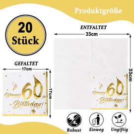 ParPix Pack of 20 Napkins 60th Birthday Decoration, 33 x 33 cm, White and Gold, 2-Ply, Napkins