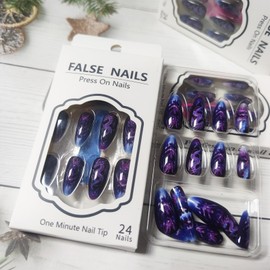 Coquette Y2K Press on Nails 24 Pcs Dark Purple Gradient Acrylic Fake Nails Medium Almond Glossy Blue Ombre False Nails Gel Glue on Nails Manicure Dragons Print Stick on Nails for Coquette Women Girls