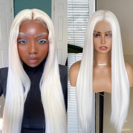 COCOFANS COCOFANS White Synthetic Lace Front Wigs for Women Girls Long Silky Straight Lace Wig Glueless Natural Hairline Wig Middle Part Heat Resitant Fiber Hair