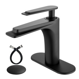 Airuida Single Handle Bathroom Sink Faucet 1 or 3 Hole Washbasin Mixer Tap Deck Mount Solid Brass Material Bath Lavatory Short Vanity Bathroom Faucet with Pop Up Drain and Deck Plate Matte Black
