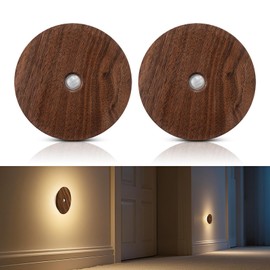Motion Sensor Night Light Wood Rechargeable Battery-Powered Stick-On Step Lights Loftie Lights Magnetic Closet Warm Nightlight for Hallway Bedroom Stair (2 Pack Black Walnut)