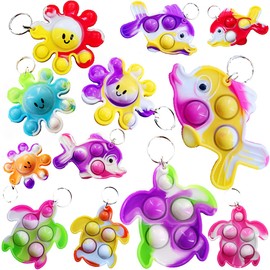 Roaqua 12 Packs Bulk Octopus fishs turtles Mini pop Keychain, for Boys and Girls Kids Birthday Party Favors Supplies Summer Students Gifts Prize