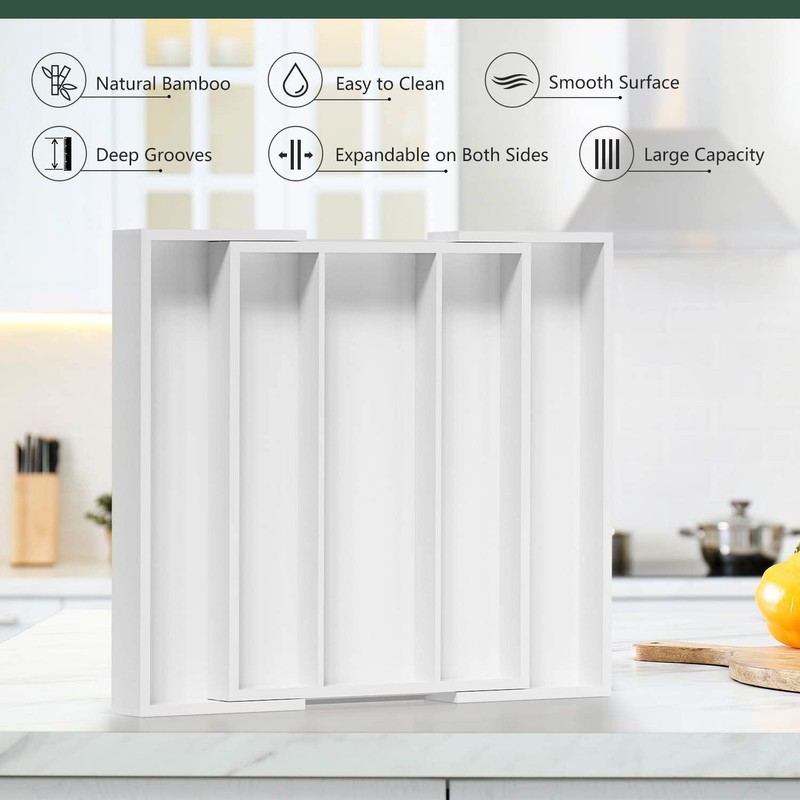 WUSHIZHUHUN Utensil Organizer for Kitchen Drawers - Bamboo Silverware Tray