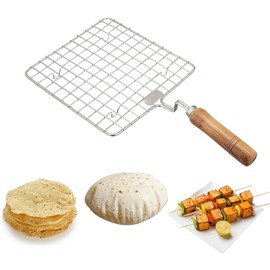 KSJONE Square Shape Stainless Steel Multi-Functional Wire Steaming Cooling and Baking Barbecue Rack Square Wire Roaster Rack/Papad Jali/Roti Grill with Wooden Handle