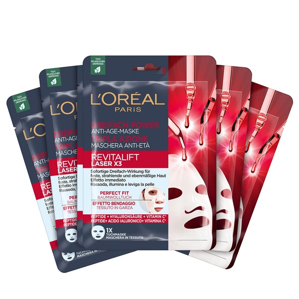 L'Oréal Paris Anti-Age Mask for Radiant and Even Skin with Peptides, Hyaluronic Acid and Vitamin C, Revitalift Laser X3 Cloth Mask, Pack of 5
