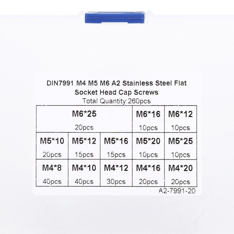 260 Pieces Flat Screw Set M4/M5/M6 Hex Socket Screw, 304